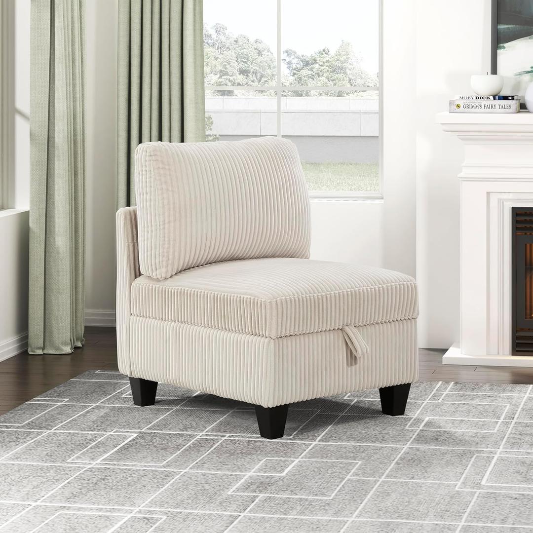 Lexicon Modular Sectional Sofa for Living Room, Corduroy Armless Chair with Storage, Units of Modular Sectional Couch, Upholstered Chair for Customizable Sectional Sofa Couch, Beige