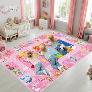 BATATADOCE Alphabet Rugs for Kids Playroom - Cartoon Kids Bedroom Rug Play Mat for Learning Alphabet, Numbers, Animal, Colors, Season, Cute Classroom Rug for Children Girls Bedroom Decor, Pink, 5x7 Feet