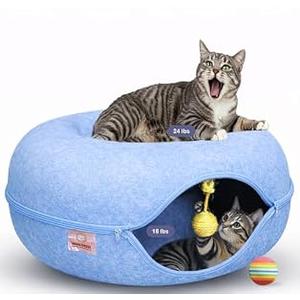MeowMates Peekaboo Cat Cave Donut Bed for Multiple Cats Upto 45lbs, 3-in-1 Large Cat Tunnel & Donut Bed Combo w Round Tunnel Scratcher for Indoor Cats, Hanging Toy, Washable & Detachable
