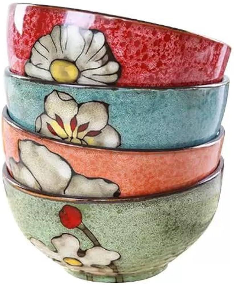 Large Ceramic Bowls Set of 4-Soup Bowls Set for Kitchen,28oz, Microwave Safe and Dishwasher Safe, For Soup, Cereal,Salad,ramen,rice,serving etcc (multi color)