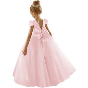 JISISANG Flower Girls Lace Cap Sleeve Dress for Wedding Puffy Tulle Back V-Neck Pageant Prom Ball Gown with Bow (4, Pink)