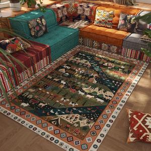 Area Rug 4x6 Rug Washable Nomadic Rugs Non Slip Low Pile Floral Animal Small Carpet for Bedroom, Bedside, Kids Room, Office, Dining Room, Green