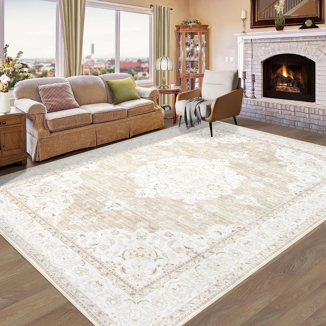 Vintage Living Room Area Rug - 8x10 Large Machine Washable Boho Moroccan Rug Distressed Farmhouse Rugs for Bedroom - Soft Non-Slip Indoor Carpet for Dining Room Office Nursery(Boho Beige, 8'x10')