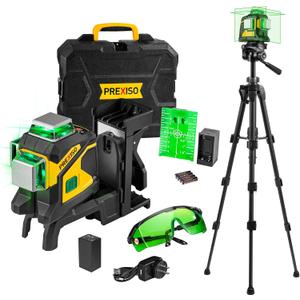 PREXISO Laser Level 3 X 360 Self Leveling with 47 Inch Tripod, Rechargeable 100 Ft Green Lazer Leveler Tool for Construction, Tile, Home Renovation with Magnetic Base, Battery Adapter, Accessories