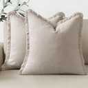 Woaboy Set of 2 Decorative Linen Fringe Throw Pillow Covers Boho Farmhouse Cushion Covers Accent Pillowcases with Tassels for Living Room Couch Sofa Bed Chair,18x18 Inch,Beige