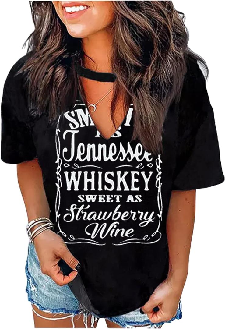 Hollow Out T Shirts for Women Western Graphic Shirts Country Cowgirls Shirts Casual Short Sleeve V Neck Tops (Medium, Black)