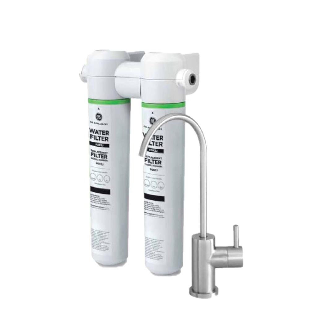 GE Dual Stage Under Sink Water Filtration System with Faucet, Reduces Lead, Chlorine & More, Easy Install, Twist & Lock Design, Replace Filters (FQK2J) Every 6 Months, GXK255TBN