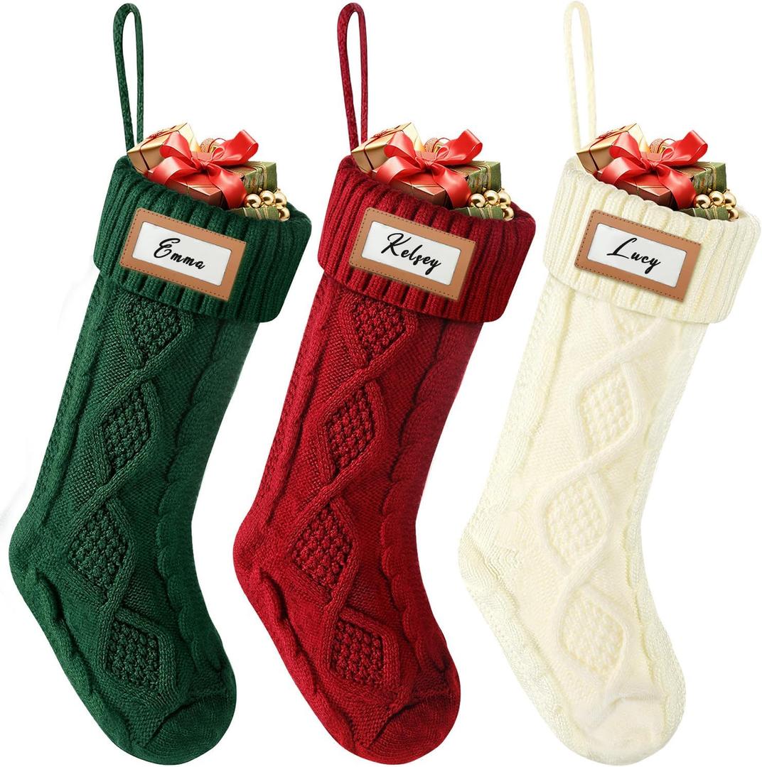 Tavaleu Christmas Stocking - 18 Inch Cable Knit Christmas Stockings, Cozy Hanging Xmas Stockings for Kids, Holiday and Fireplace Party Decoration, 3 Pack - Red & Green & White