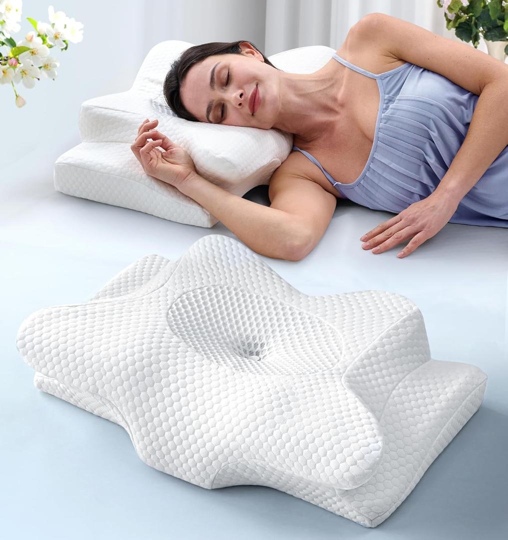 Emircey Cervical Neck Support Pillow for Side Sleepers, Cooling Pillow for Sleeping, Orthopedic Contour Memory Foam Pillow for Neck Relief, Ergonomic Sleeping Pillow for Back and Stomach Sleeper,White