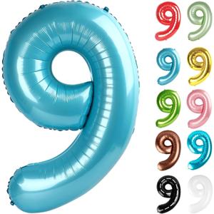 Pearlescent Blue Number 9 Balloon 40 Inch, 9 Balloon Number, 9th Birthday Decorations, Pearlescent Blue Party Supplies for Boys Girls
