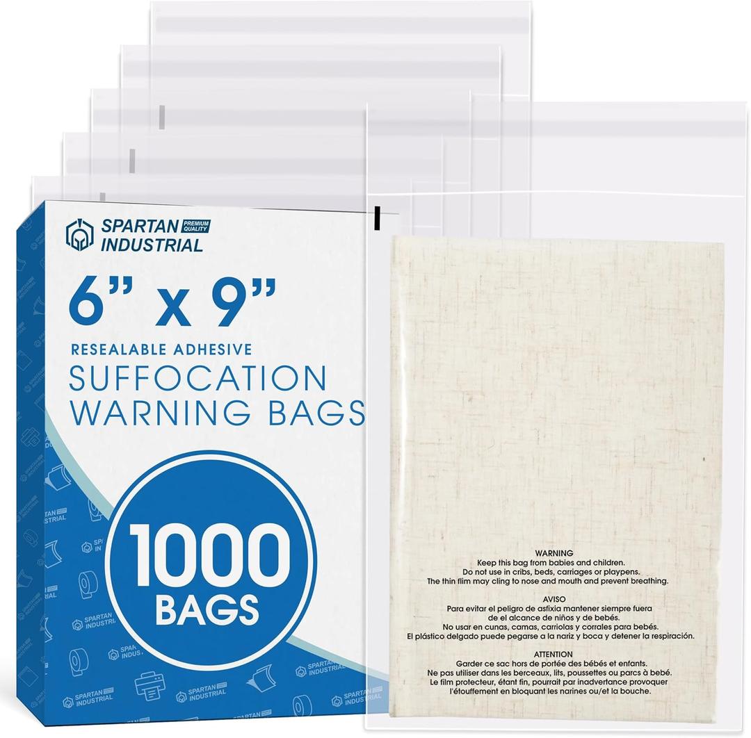 Spartan Industrial - 6 X 9 (1000 Count) Self Seal Clear Poly Bags with Suffocation Warning for Packaging, Shipping - Resealable Glue