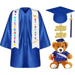 Sintuff 7 Pcs Kindergarten Graduation Gown Cap 2025 Preschool Graduation Accessories Stole Tassel Sash Charm Bear Gifts (Royal Blue)