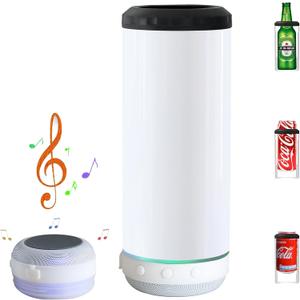 1 Pack 16oz Sublimation Music Bluetooth Tumbler Cup 4 in 1 Can Cooler with Speaker Stainless Steel Double Wall Vacuum Insulated Can Holder Beer Can Cooler (white)