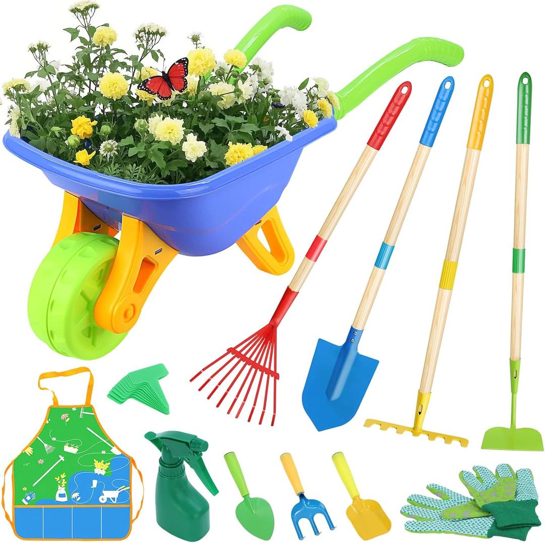 Magic4U 11-Piece Kids Gardening Set with Wheelbarrow, Shovel, Rake, Hoe, Gloves & Apron - Heavy-Duty Steel Tools & Interchangeable Handles, Outdoor Yard Toys for Boys Girls Ages 3-8 (Blue)