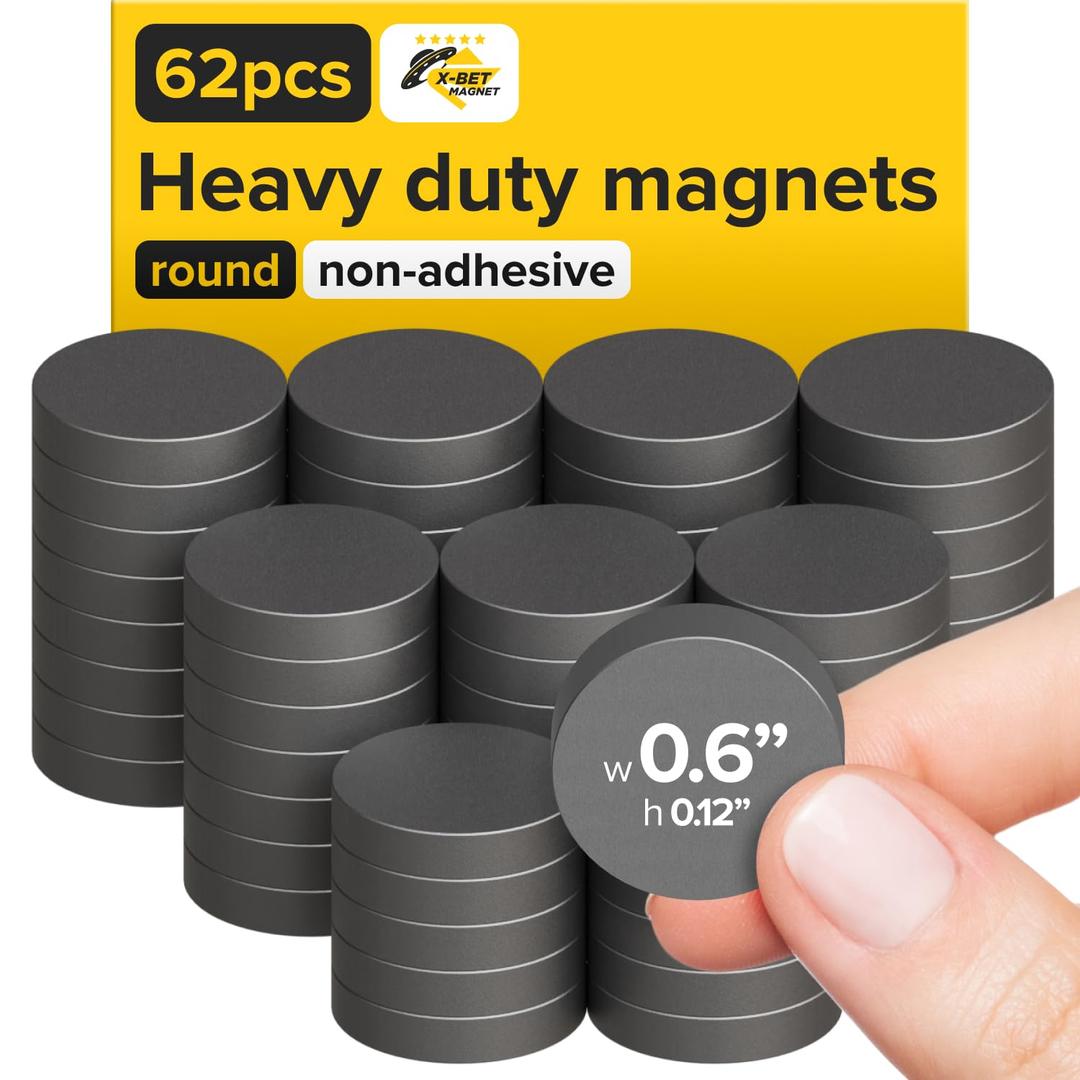 Strong Ceramic Round Magnets with Adhesive Backing (0.6x0.12/15x3mm, 62 pcs) - Heavy Duty Sticky Magnets, Non-Corrosive, Versatile for Home, Office, Workshop, Whiteboard, Fridge and Hobby Use