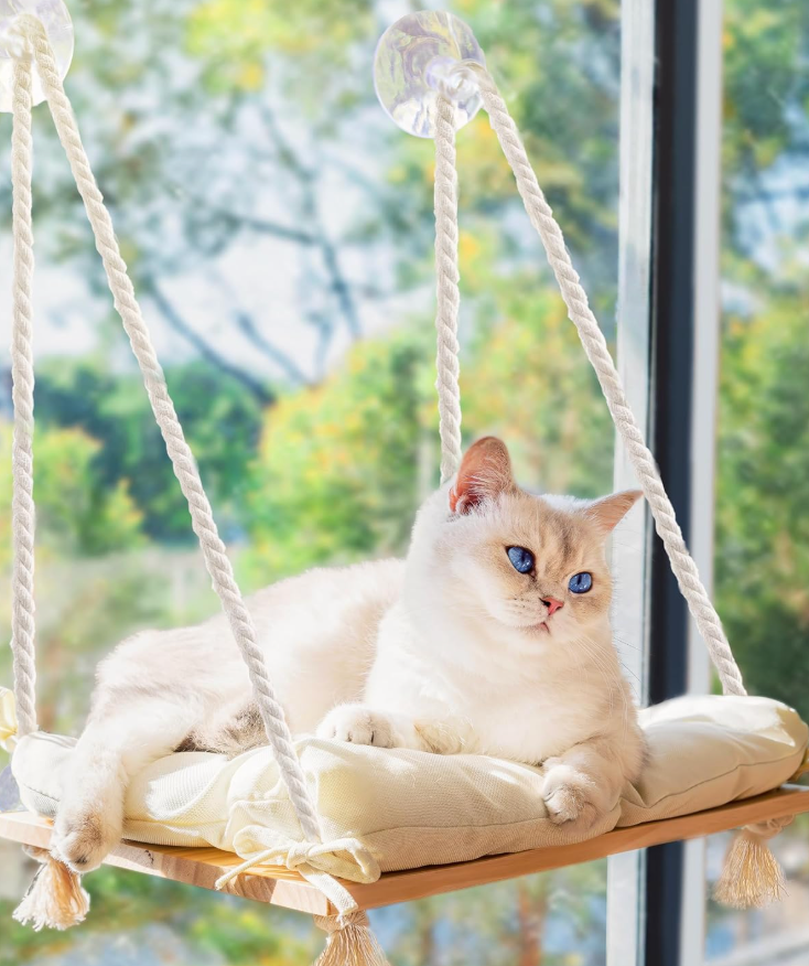 Cat Window Perch with IndustrialGrade Suction Cups  Solid Pine Wood Hammock Bed, Soft Cushion  42 lb Capacity for Cats Inside