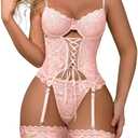 Lilosy Sexy Lace Push Up Corset Garter 3 Piece Lingerie Set (Pink, M)