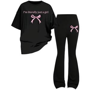 Verdusa Girl's 2 Piece Bowknot Outfits Short Sleeve Graphic Tees with Flare Pants Set,Size 8Y