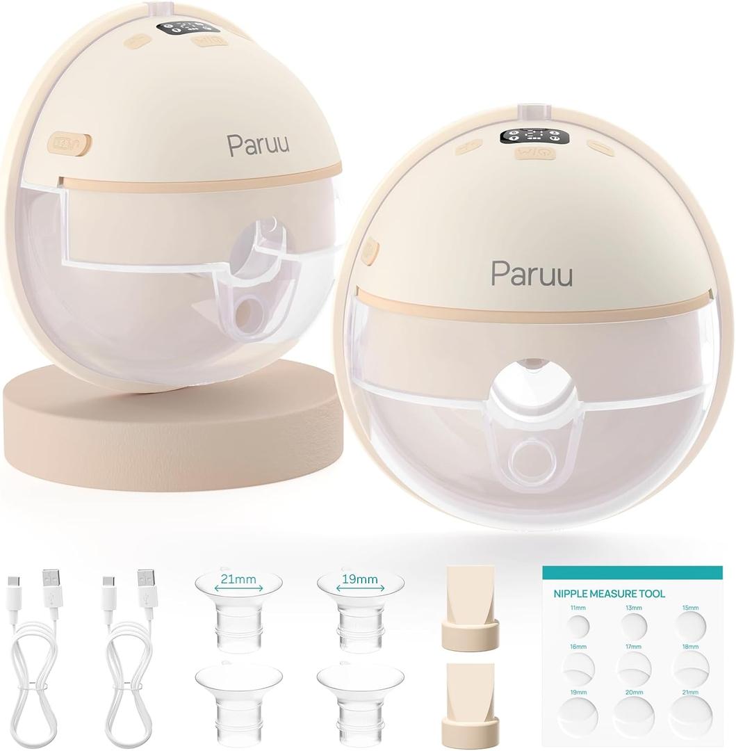 Paruu Hands Free Breast Pump P16, Wearable Breast Pump Electirc Portable with 4 Modes & 12 Levels, Max 309mmHg Strong Suction 19/21/24mm Flange Inserts Wearable Breastfeeding Pump, 2 PackNude