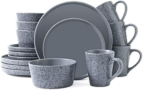 Bestone 16 Piece Round Kitchen Dinnerware Sets,Plates and Bowls sets,Dishes, Dinner Plates, Cereal Bowls SetBowls, Mugs, Dish SetPlates and Bowls,Service for 4, Stoneware Dinnerware,Black matte