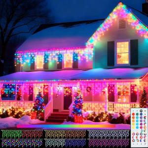 Pooqla Color Changing Icicle Lights with Remote, 35 Colors Christmas Icicle Lights, 300 LED 48FT RGB Waterproof Hanging String Lights for Roof Window Home Party Thanksgiving Christmas Outdoor Decor