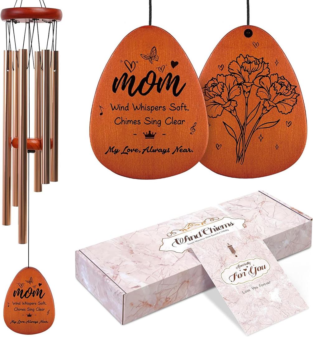 Wind Chimes for Outside, for Mom from Daughter Son with Gift Box, Deep Tones 6 Aluminum Tubes, Engraved Wood Sign, Thanksgiving for Mom, Garden Decor