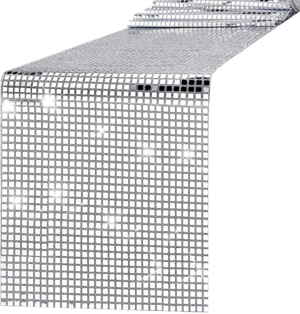 3 Packs 12 x 108 Inches Disco Party Table Runner Mirror Silver Foil Table Runner Glitter Table Cover Sparkle Sequin Tablecloth for 70s 80s Disco Dance Party Wedding Bachelorette Home Table Decorations