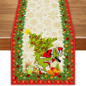 Green Christmas Table Runner Merry Christmas Tablecloth Christmas Xmas Winter Holiday Home Kitchen Dining Room Table Decorations 13x72 Inch