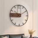 Cuspin 24 Inch Large Wall Clock, Modern Battery Operated Clocks for Living Room Decor, Silent Non Ticking Decoration Minimalist Wall Clock Black Metal Frame with Walnut Dial, Arabic Numerals