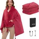 Heated Blanket Throw Battery Operated, Portable Electric Heated Poncho Shawl with Zipper and Pockets, 4 Heating Areas & 3 Heating Modes,Heating Blanket for Neck and Shoulders and Back,Red