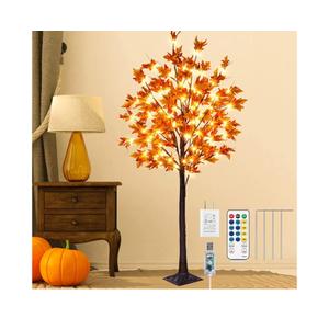 Remon 5FT 90LED Fall Maple Tree Light - Thanksgiving Decor Artificial Fall Tree with 9 Acorn, Remote 8 Flashing Modes, Timing, DC 5V Safe for Wedding Outdoor Decor (Upgraded Silk-Screened Leaves)