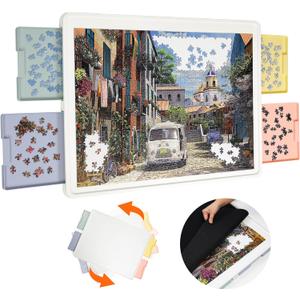 1500 Pieces Rotating Plastic Puzzle Board with Drawers and Cover, 35"x27" Portable Spinning Jigsaw Puzzle Table for Adults, Upgraded Lazy Susan, Ideal Gift for Mum (Multicolor Drawers)