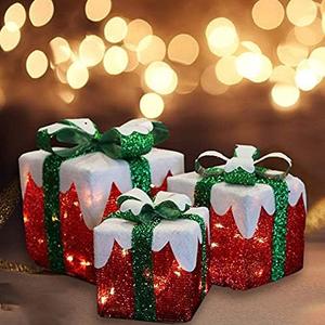 MorTime Set of 3 LED Boxes with Green Bows, Lighted Red Boxes with 60 LED Light String for Christmas Indoor Outdoor Home Yard Party Decoration