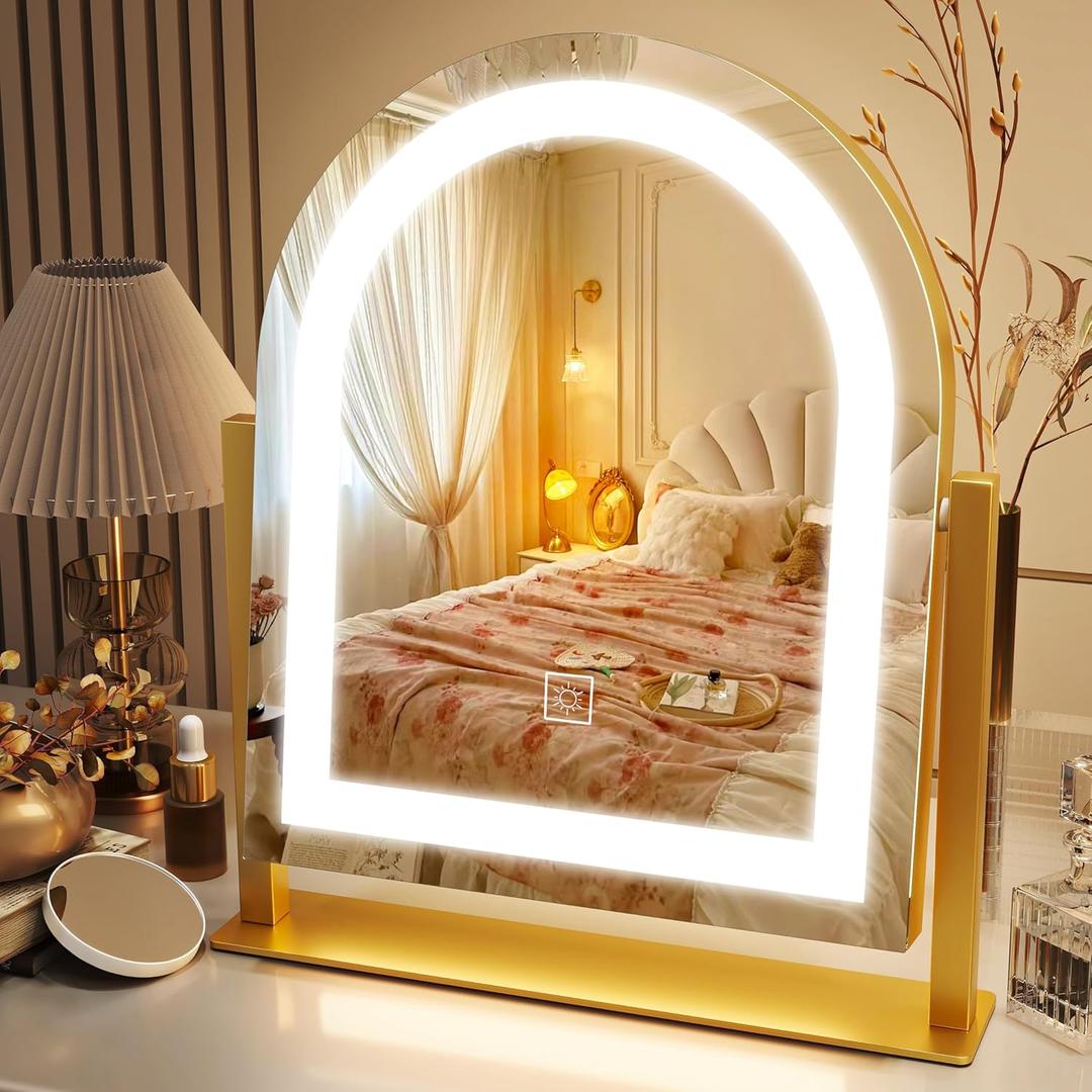 ROLOVE Lighted Makeup Mirror with 3-Color Dimmable Lighting, with Removable 10x Magnifier, Smart Touch Control, 360 Rotation, 15" x 13" Hollywood Vanity Mirror for Tabletop Desk (Gold)