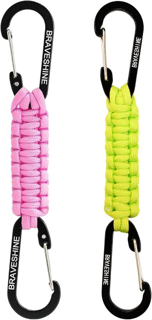 BRAVESHINE Paracord Keychain Carabiner Clip, D Ring Lanyard Hanger Stroller Hook for Water Bottle, Key, Backpacks, Men, Women (1 Pink 1 Green)
