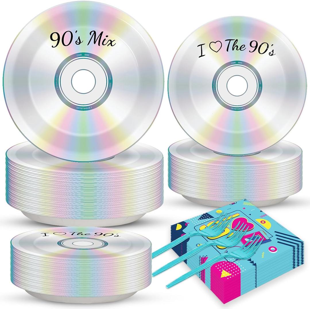 200Pcs 90's Party Plates Napkins 90's Mix CD Tableware Set for Retro 90s Theme Party Decoration Dessert Plates Forks Serve 50 Guests for I Love The 90s Back to The 1990s Birthday Favor Supplies