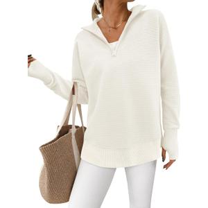 PRETTYGARDEN Womens Long Sleeve Quarter Zip Pullover Sweater Casual Loose V Neck Collared Ribbed Knit Jumper Tops Thumb Hole (White, M)