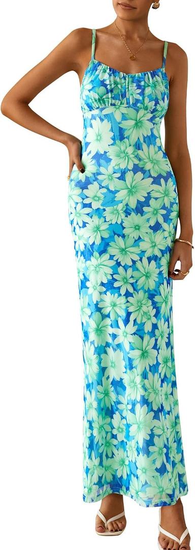 PRETTYGARDEN Women's Floral Bodycon Maxi Dress Summer Beach Sundress Sleeveless Spaghetti Strap Wedding Guest Dress (XXL)