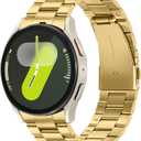 Metal Bands Compatible with Samsung Galaxy Watch 7 6 5 4 FE Band 44mm 40mm/Galaxy Watch 6 Classic 47mm 43mm/5 Pro 45mm, No Gap Stainless Steel Strap for Women and Men, Gold