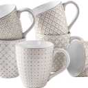 DOWAN Coffee Mugs Set of 6, 19 oz Large Mug, Ceramic Embossment Stoneware Tea Cups with Handle for Men Women, Handcrafted Mug Gift Set, Housewarming Wedding Gift