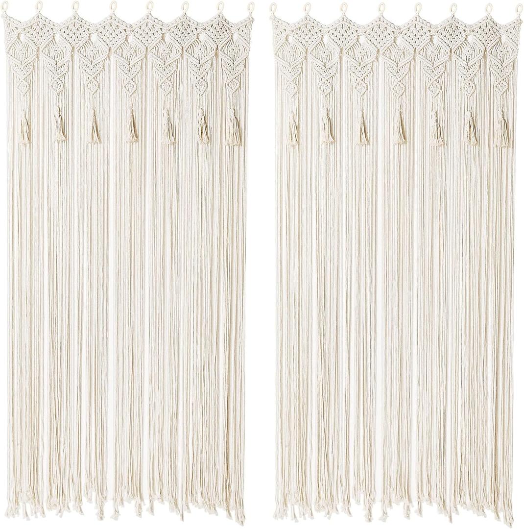 Boho Macrame Curtain Handmade String Curtain with Tassel Large Macrame Wall Hanging Boho Room Divider Art Decor for Living Room Bedroom Bohemian Wedding Party Decor, 2 Panels 79" L x 35" W