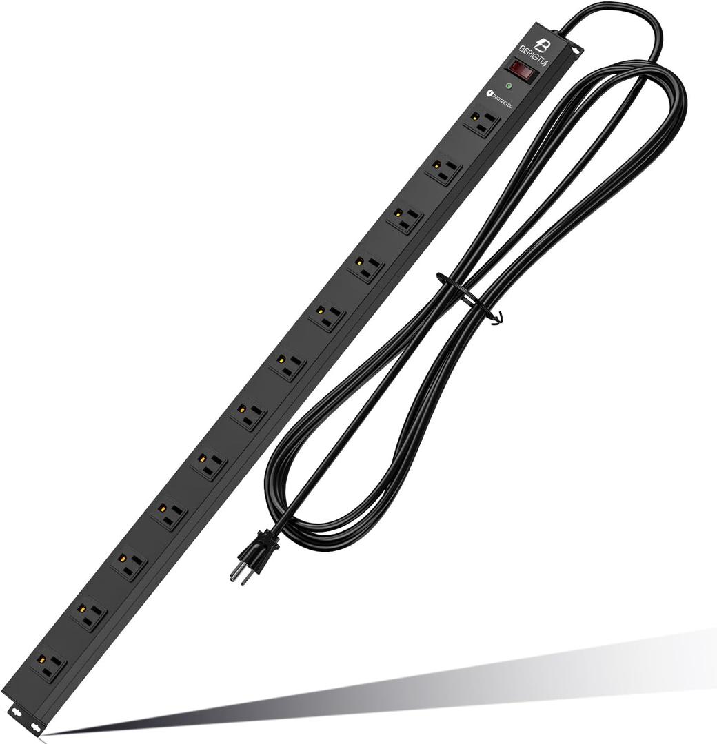 12 Outlet Surge Protector Metal Power Strip, 1800J Mountable Power Outlet, Heavy Duty Workshop Metal Power Strip for Commercial, Industrial, School and Home,15A 125V 1875W (6FT) (Black)