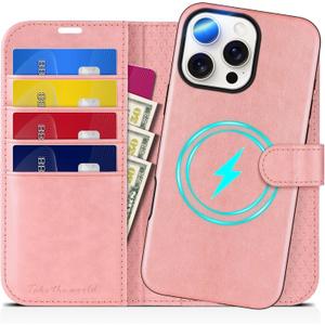 TUCCH Case Wallet for iPhone 16 Pro Max, Removable [2 in 1] [Wireless Charging] PU Leather Magnetic Stand RFID Blocking [4 Card Slot] Detachable Protective Folio for iPhone 16 Pro Max, Rose Gold