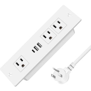 Recessed Power Strip, Furniture Plug in 3 Outlets & Fast Charging 20W PD USB-C Port & 18W/3A QC3.0 USB-A Ports Drawer Outlet with 10 FT Flat Extension Cord, White Desk Grommet Outlet for Table Top