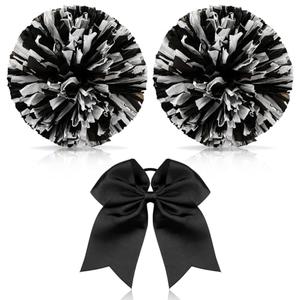 Hanaive 3 Pcs Cheerleading Pom Poms and Large Cheerleader Hair Bow Metallic Cheer supplies for Team Spirit Sports Dance Cheering(Black Mixed White,Matte)