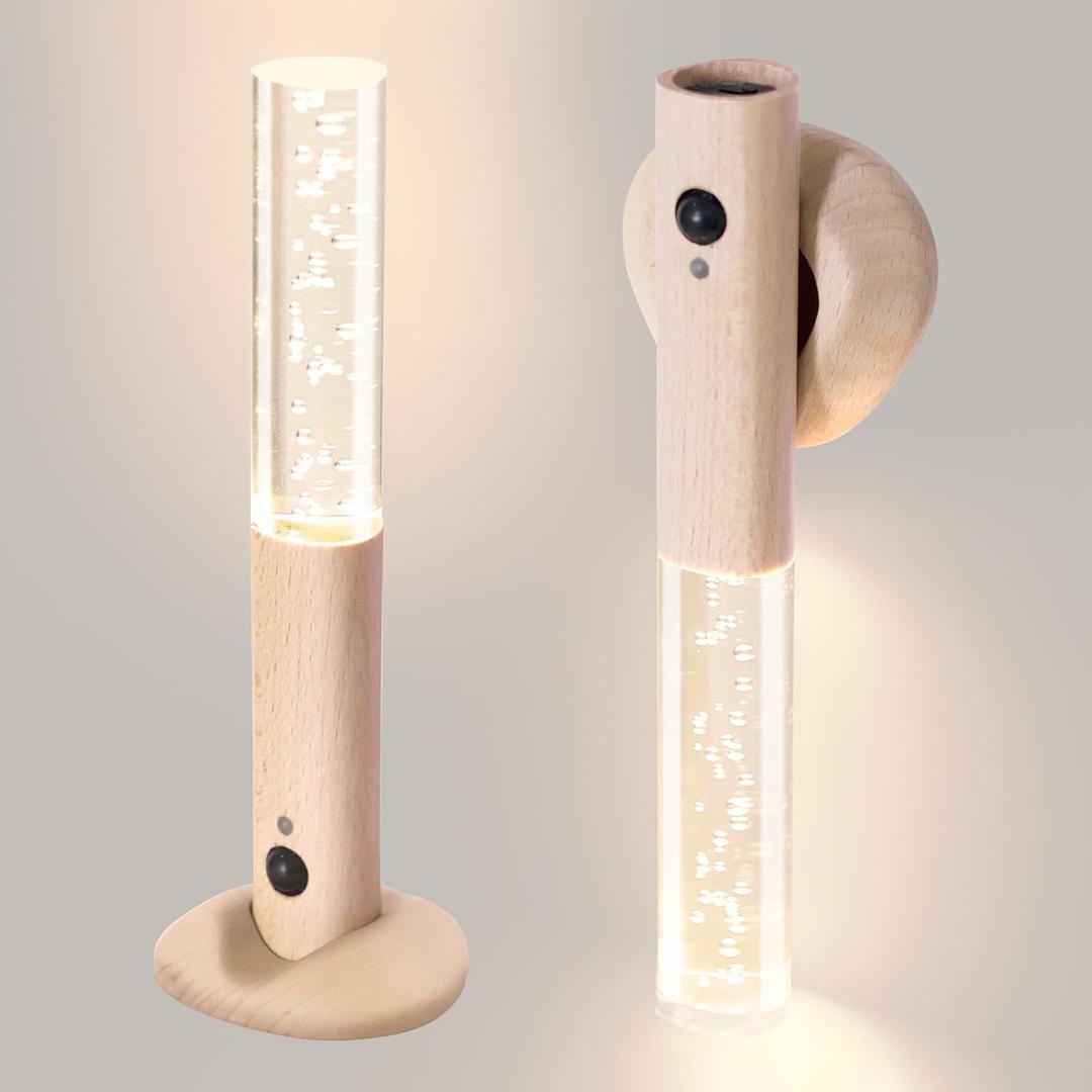 Motion Sensor Night Lights Indoor, Rechargeable Night Lights Wall Sconces Wooden Set of 2, Battery Powered Magnetic Wall Sconces Decor for Bedroom, Hallway, Bathroom, Stairway, Closet (White Ash-2 PCS)