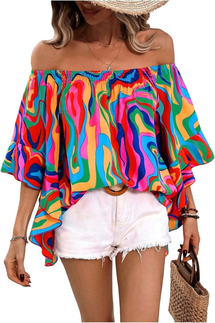 GORGLITTER Women's Off The Shoulder Tops Boho Asymmetrical 3/4 Sleeve Ruffle Colorful Blouses Shirt Tops Dressy Casual (Medium, Pink Graphic)