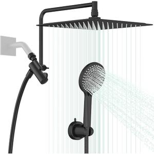 Double Shower Heads with Handheld Spray Combo, 10" Stainless Steel Rain Shower Head with Handheld, 3+3 Shower Mode, 13" Adjustable Shower Extension Arm and 59" Long Shower Hose, Matte Black