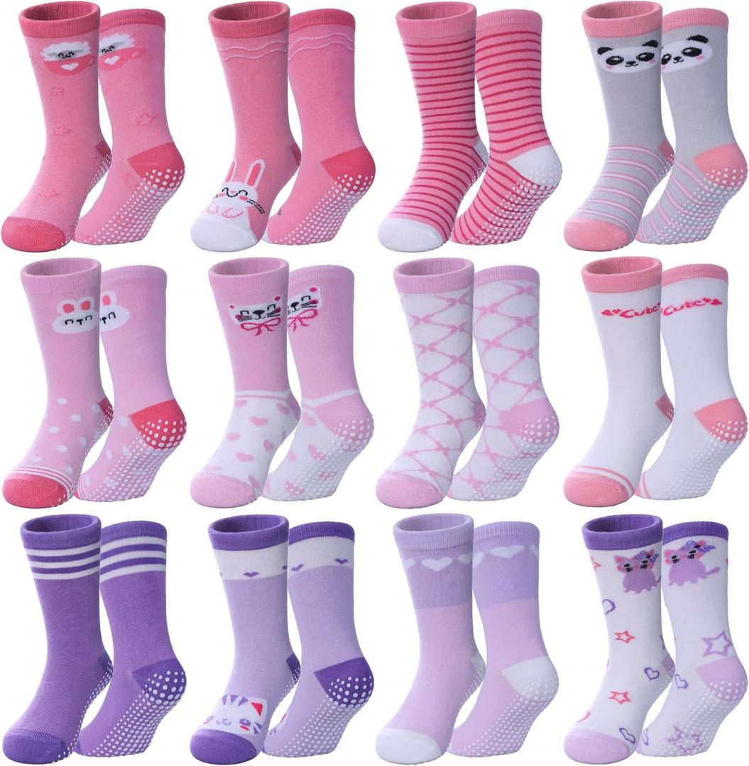 Toddlers Girls Non Slip Grip Socks - Cotton Crew Socks with Grippers 12 Pairs 1-3T