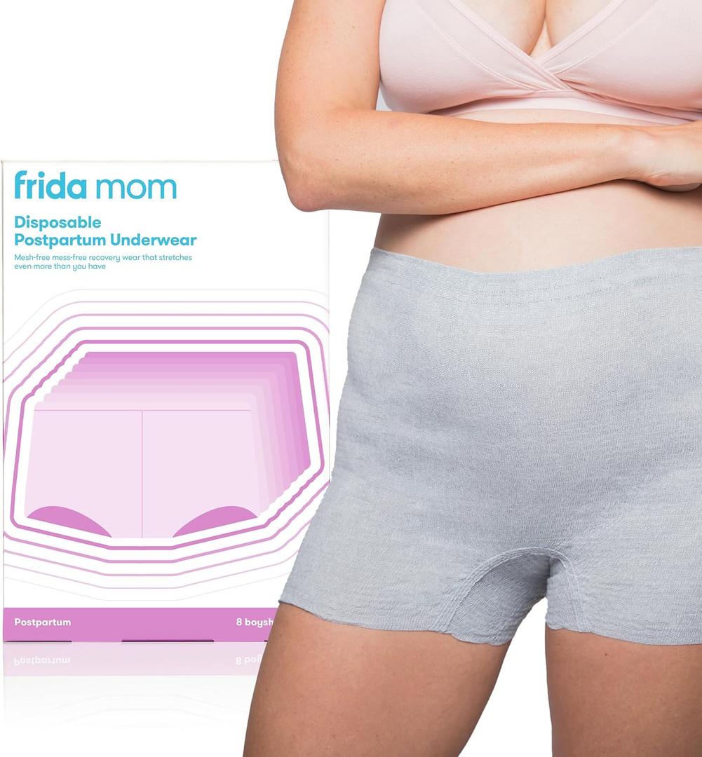 Frida Mom Women's Postpartum Underwear, Disposable Boyshort Underwear, Seamless with Stretchy Support, Postpartum Essentials, Size Regular (Waist 28"-42" Stretched), 8 Count, Grey